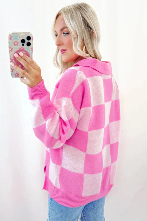 'Galena' Pink Checkered Sweater - Celes Fashion